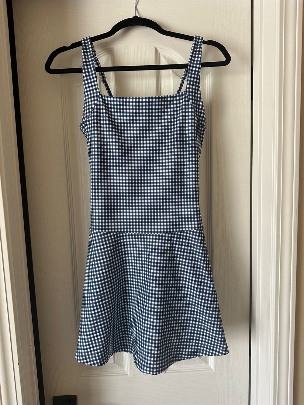 Classic Navy and White Gingham Square-Neck Mini Dress